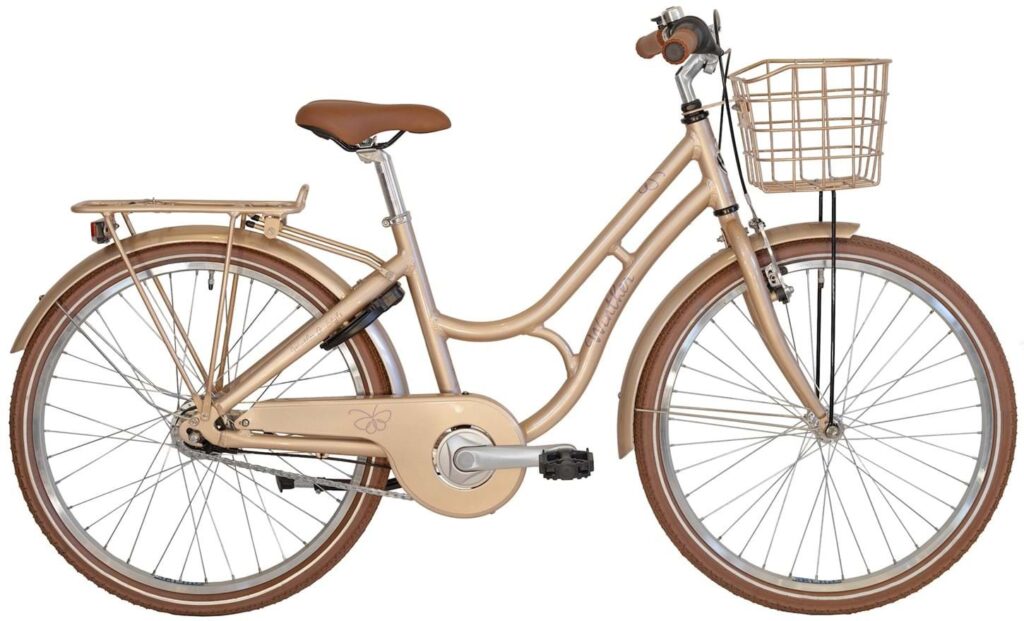 Winther G-Style 24" pigecykel med 7 indvendige Shimano Nexus gear, kurv, bagagebærer og lås. Elegant og praktisk cykel til skole og fritid.